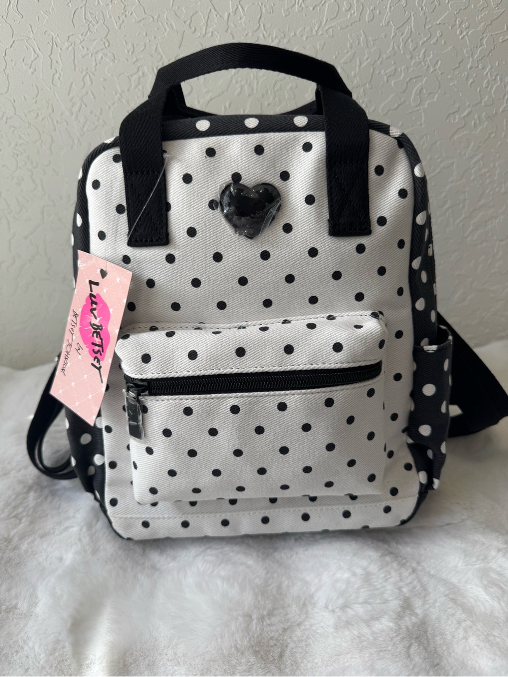 Luv Betsey Johnson LBPERCY Black & White Polka Dot Heart Mini Backpack NWT